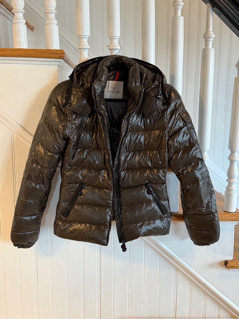 Moncler Women's Glossy olive Quilted Puffer Jacket with Hood
